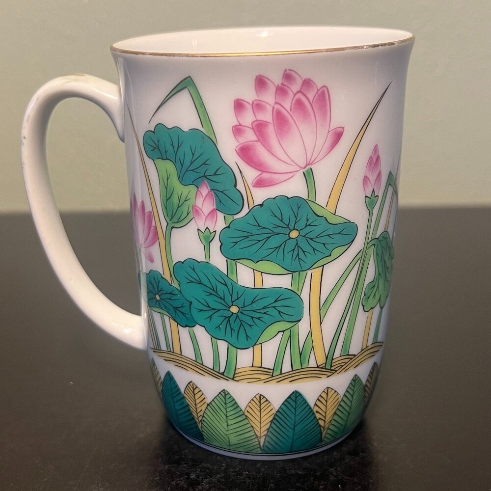 Vintage Takahashi Japan Porcelain Lotus Flower Teacup Mug Water Lily 10oz Cup